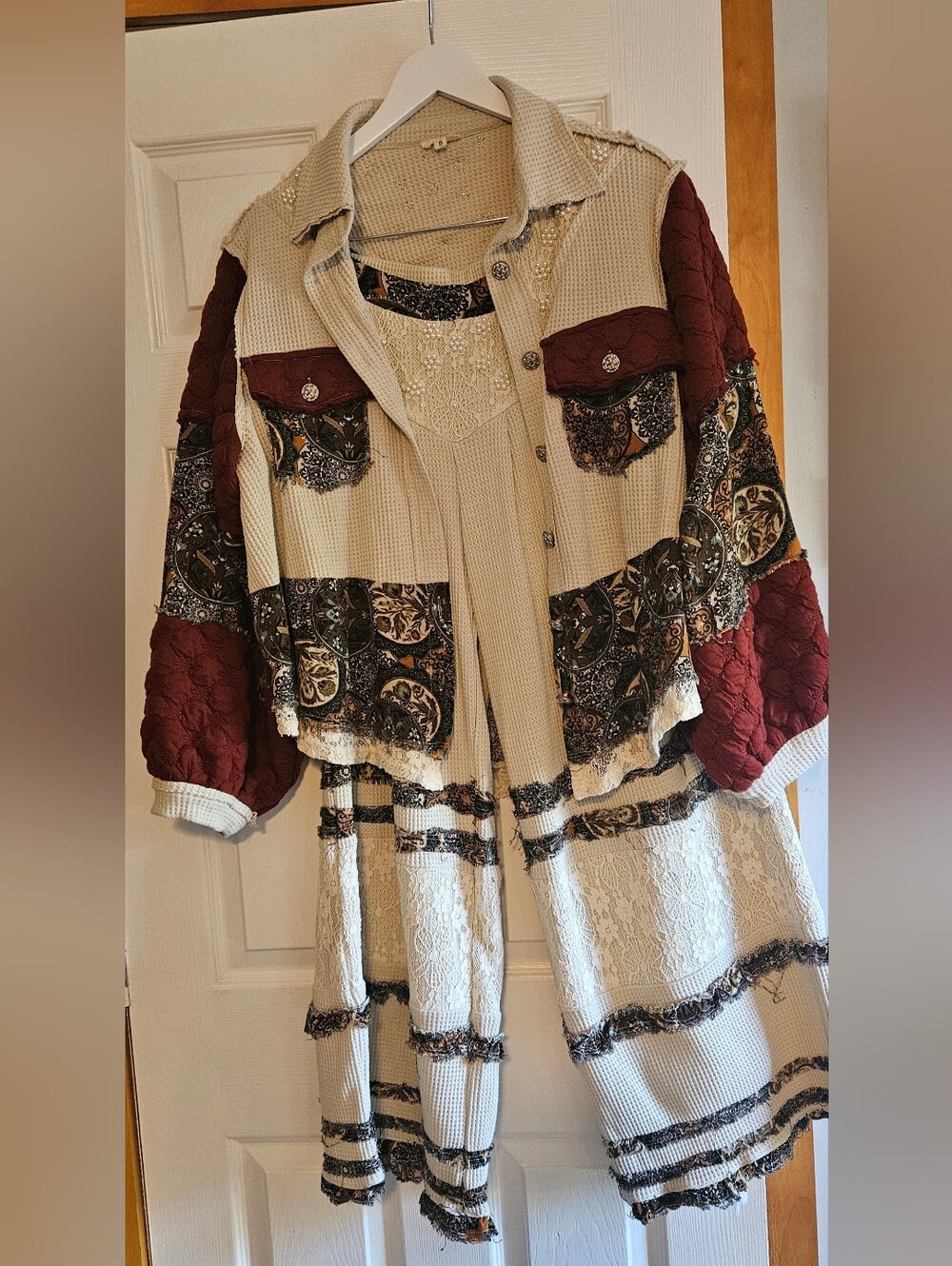 POL Boho Patchwork Quilted Jacket - Cream & Terracotta